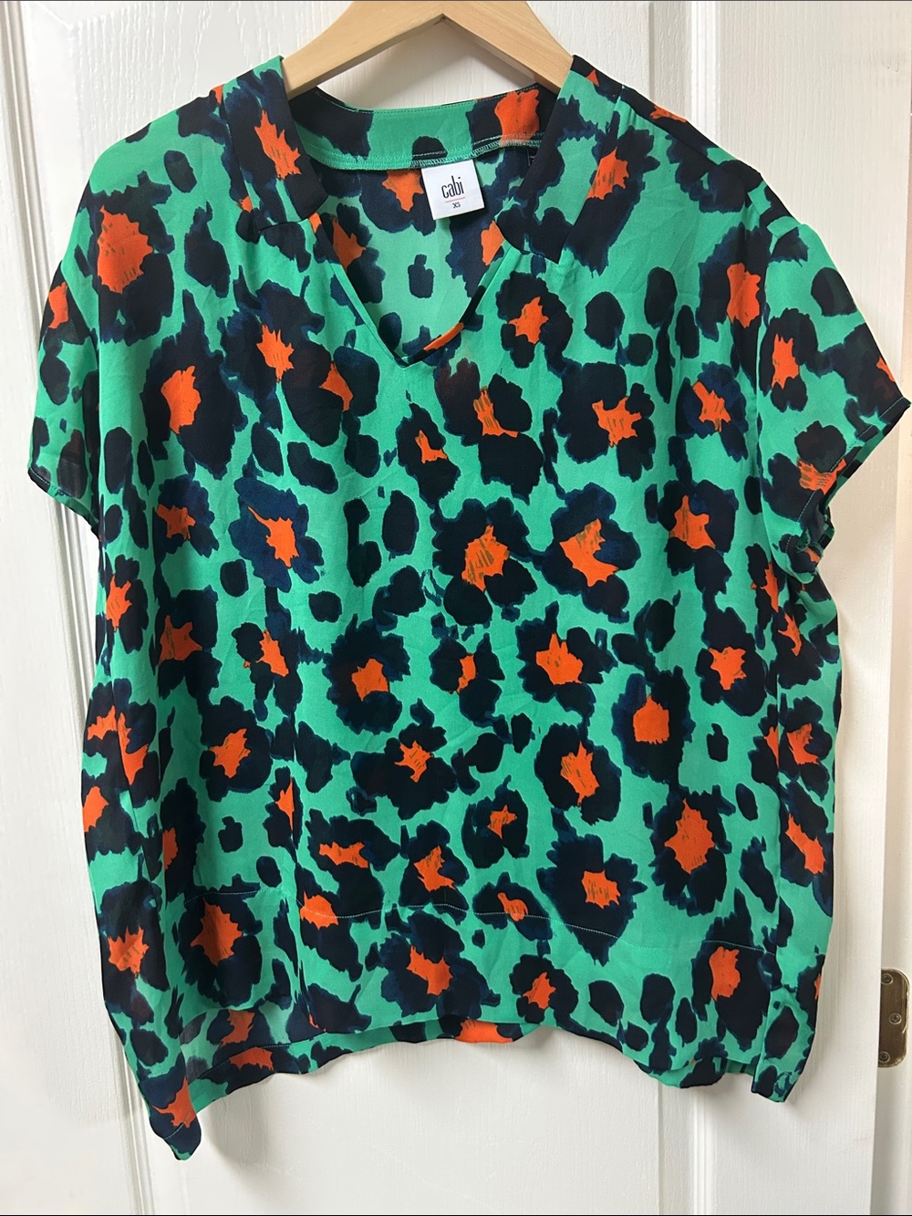 CAbi Green Leopard-Print Short Sleeve Blouse with Navy and Orange Spots